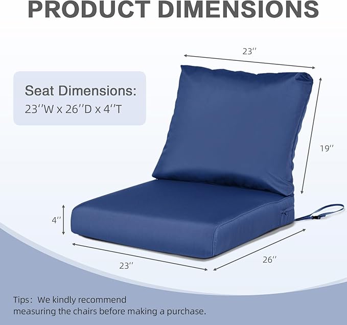 BPS 23x26 Inch Deep Seat Outdoor Cushion Set, Navy Blue Fade-Resistant and Water-Resistant Patio Chair Cushion for Wicker Chairs, Sofas, Love Seats