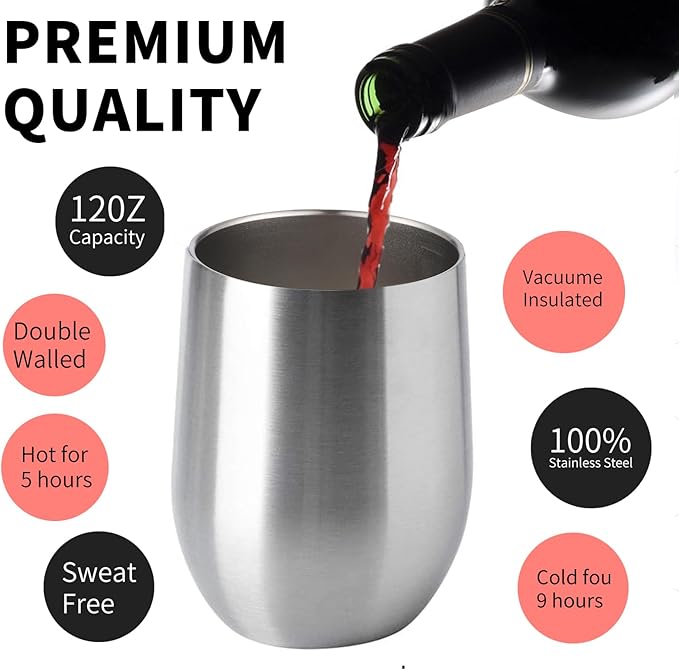 12oz/4 Pack Wine Tumbler Glasses with Lid Stemless Double Wall Vacuum Stainless Steel Travel Tumbler Keeping Cold & Hot for Wine,Coffee,Cocktails,Christmas Drinks-Family and Gifts(4 Pack-Sliver)