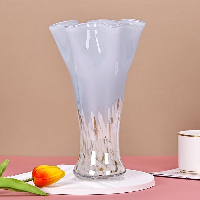 9.0"H Blue Glass Vases for Flowers, Unique Hand Blown Glass Vase Blue White Home Decor, Wide Mouth Colorful Flower Vase Centerpieces, For Living Room Table Bookshelf, Bathroom Office Shelf Decorative