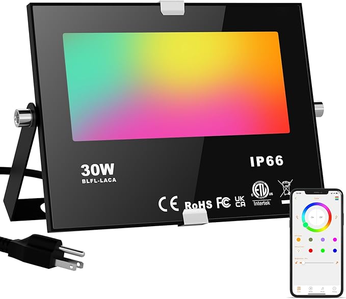 LED Flood Lights RGB Color Changing 300W Equivalent Outdoor, 30W Bluetooth Smart RGB Floodlight APP Control, IP66 Waterproof, Timing, 2700K&16 Million Colors 23 Modes for Garden Stage Lighting