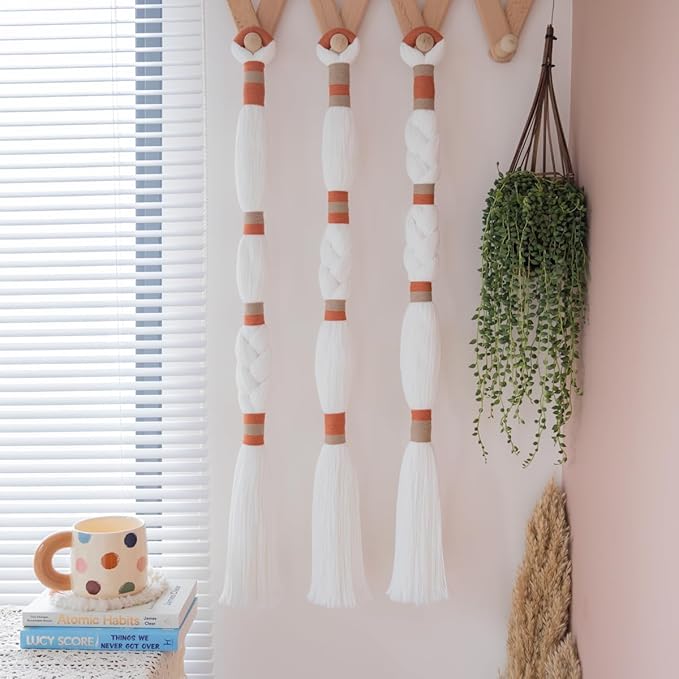 Remmdan Macrame Wall Hanging: Boho Wall Decor, Textile Tassel Wall Hanging, Fiber Yarn Boho Wall Art for Living Room Bedroom, 32" L x 1.8" W x 6 Pcs, White and Orange