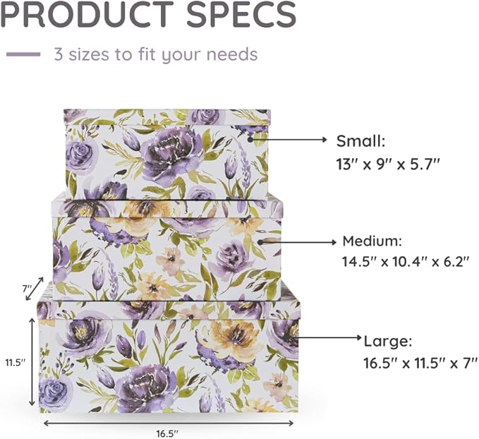 Soul & Lane Decorative Cardboard Storage Boxes with Lids for Home Decor and Organization, Set of 3 Large Keepsake Boxes for Memories & Gifts, Nesting Floral Photo Storage Containers, Purple Passion