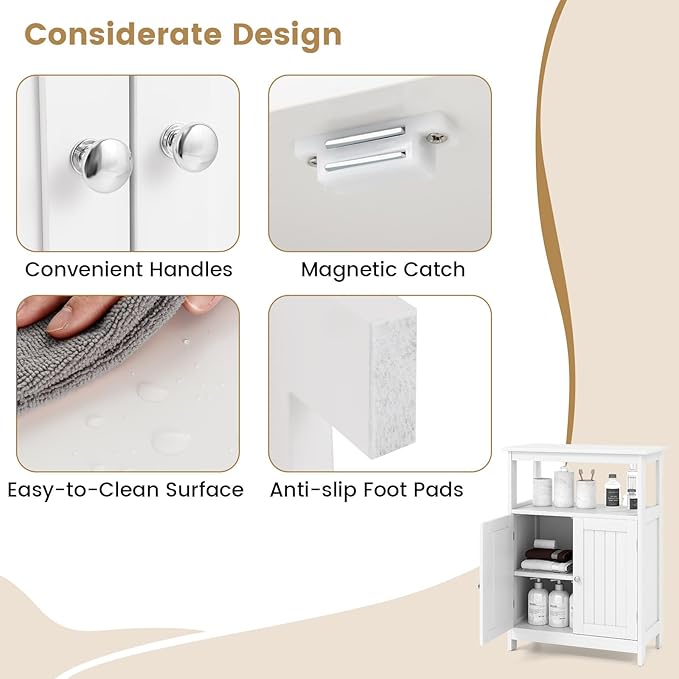 GOFLAME Bathroom Cabinet, Floor Storage Organizer with 2 Doors, 2 Open Shelves, 3-Level Adjustable Shelf, Modern Storage Unit for Laundry Room, Entryway, Living Room, White