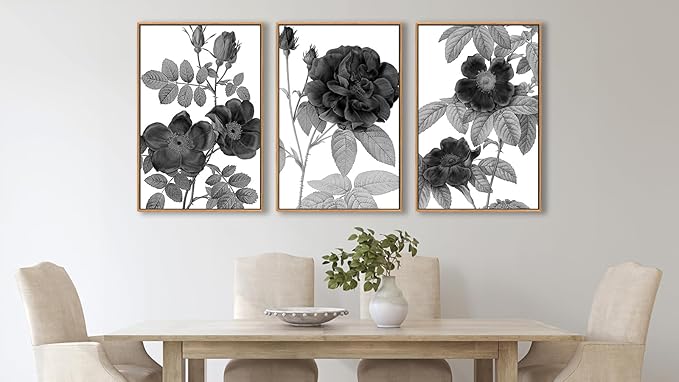 Large Framed Canvas Wall Art - Natural Float Framed Black Gray Flowers Pictures Decor Simple Blossom Leaves Botanical Artwork for Living Room Bedroom Kitchen Home Office Decoration 48" X 24" Set of 3