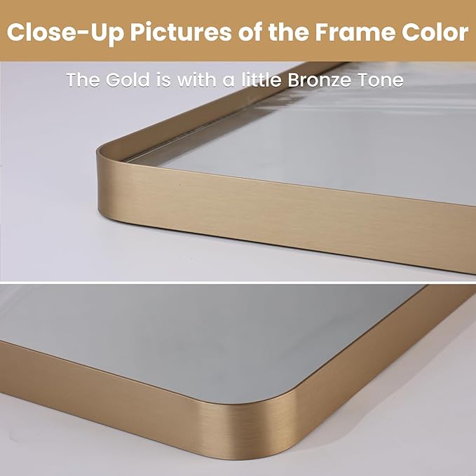 LOAAO 24”X32” Gold Bathroom Mirror, Rounded Rectangle Gold Frame Mirror, Brushed Gold Bathroom Vanity Mirror Wall-Mounted, Anti-Rust, Hangs Horizontally or Vertically