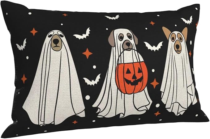 Halloween Pillow Covers 12x20 Pack of 2 Black Beige Dogs Bat Throw Pillow Covers Outdoor Decor,Autumn Holiday Decoration Black Pillowcase Farmhouse Linen Decorative Cushion Case for Couch Sofa