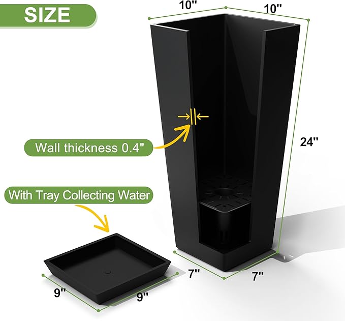 Elevens Set of 2 Tall Outdoor Planters 24 Inch, Large Planters for Indoor Outdoor Plants, Tapered Square Flower Pots with Tray for Patio,Black
