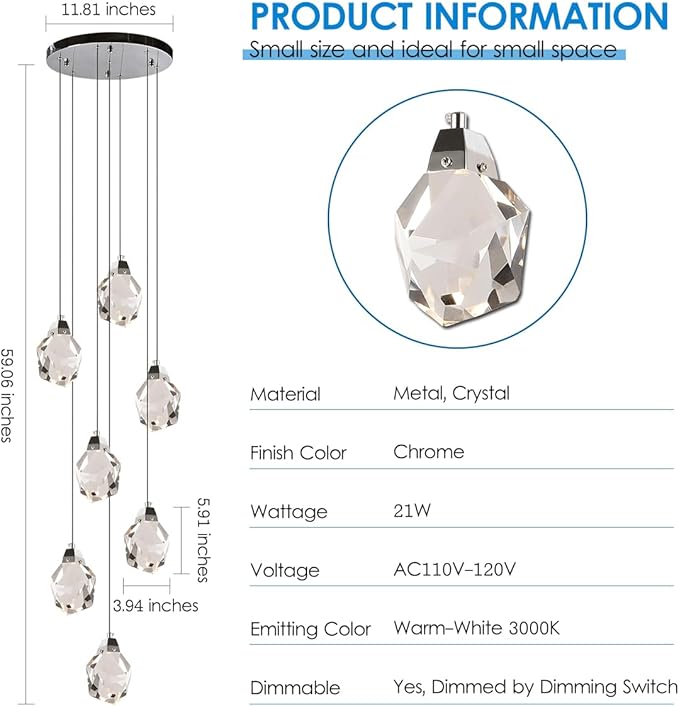 7 Lights Cluster Pendant Light, Modern Foyer Dimmable Chandelier Light Fixture, Chrome Pendant Hanging Light Crystal Chandeliers for Entrance, Dining Room