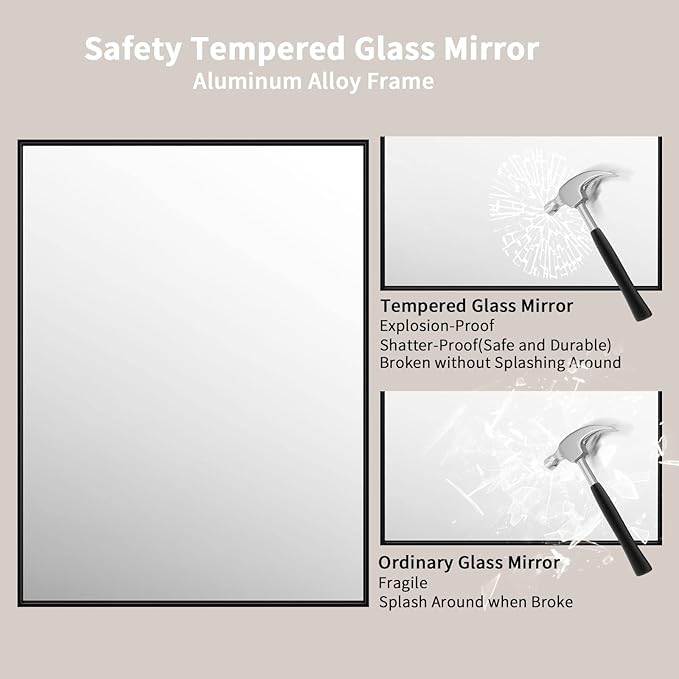 LOAAO 48"X36" Black Rectangle Bathroom Mirror Wall, Matte Black Aluminum Alloy Frame, Tempered Glass, Hangs Vertically or Horizontally, Easy to Install
