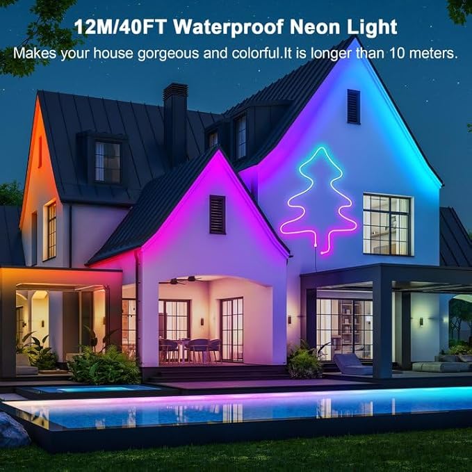 Cozylady 40Ft (20Ft *2 Rolls) RGB LED Neon Rope Lights for Bedroom, 12m LED Strip Lamp with Double Sided Adhesive Tape, App/Remote Control DIY Lights Decorate The Outdoor and Indoor of Your Home
