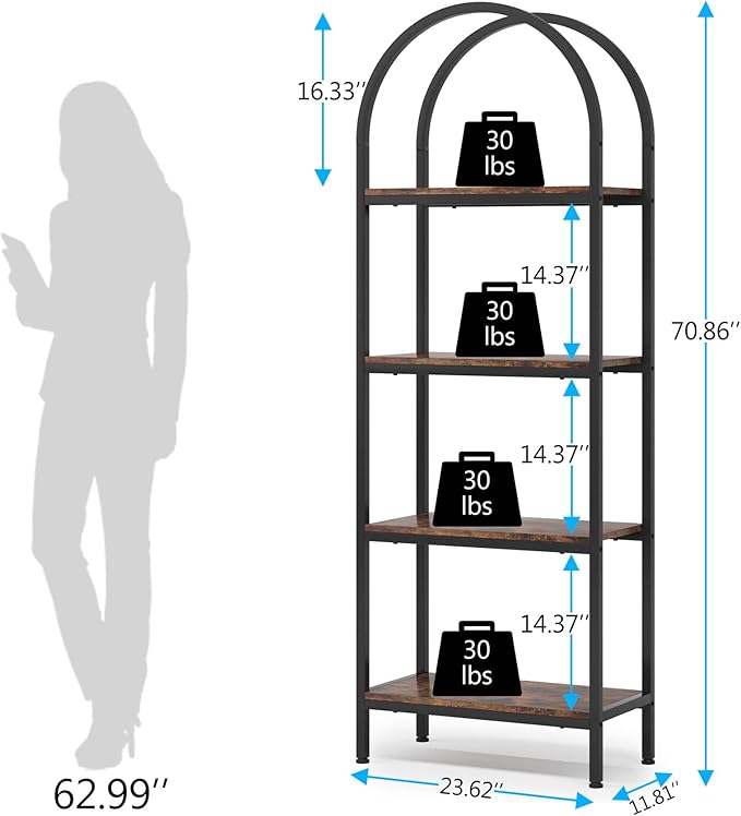 Tribesigns 4-Tier Open Bookshelf, 70.8" Industrial Arched Bookcase Storage Shelves with Metal Frame, Freestanding Display Rack Tall Shelving Unit for Office, Bedroom (Rustic Brown, 1PC)