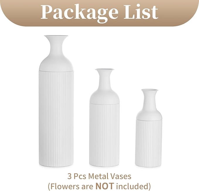 Sziqiqi White Tall Floor Vase: Large Ribbed Metal Vases 27/20/16in for Living Room, Modern for Pampas Grass, Oversized Standing Vase for Fireplace, Home Corner, Hallway, Office