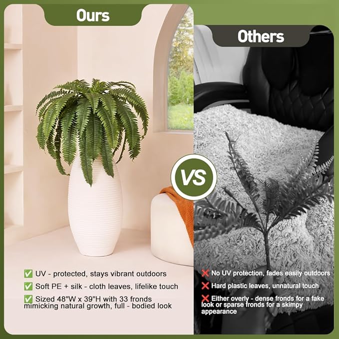 Artificial Boston Ferns 48" UV Resistant Faux Ferns with 39 Fronds for Outdoors - Large Fake Plants for Home, Garden, Front Porch and Hanging Decor - Lifelike Greenery for Indoor Spaces,VN141