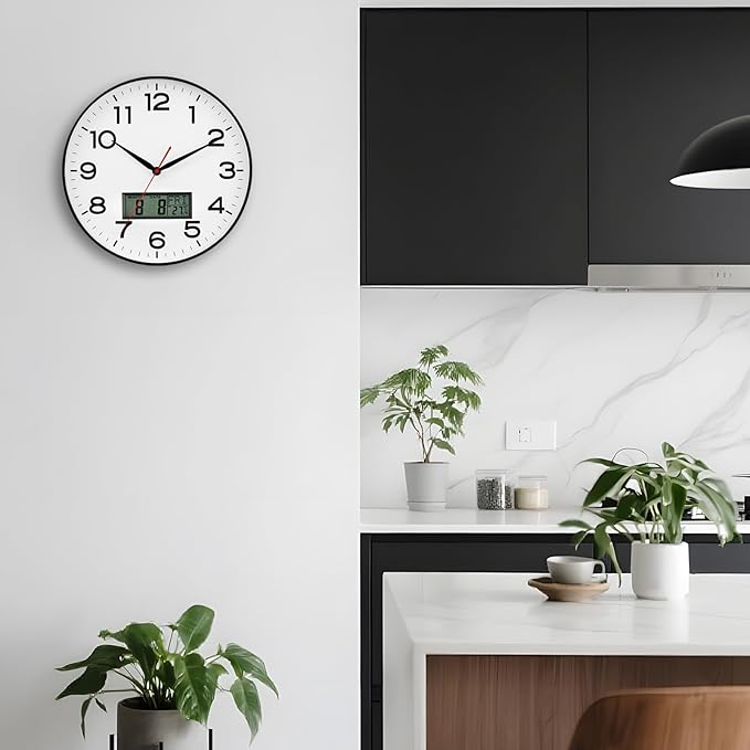 AKCISOT Wall Clock 12 Inch, Non-Ticking Silent Battery Operated Analog with LCD Display for Perpetual Calendar and Temperature, Ideal Modern Decor for Home, Bedroom, Kitchen, Office (Black)