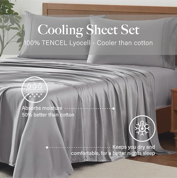 Modern Threads 100% Tencel Lyocell 4-Piece Sheet Set, 400 Thread Count Luxury Bedding, Platinum Gray, King