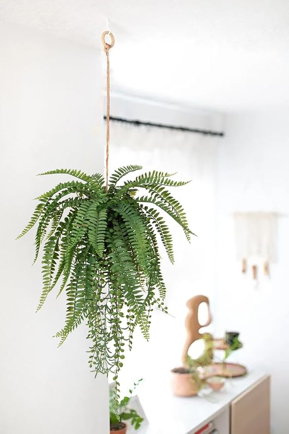 Large Mixed Fern Faux Hanging Plants, Realistic Artificial Plants with Hemp Rope Moss, Indoor for Home Bedroom Bathroom Porch Window Sill Decor, 25.6 Inches Tall, 1 Count