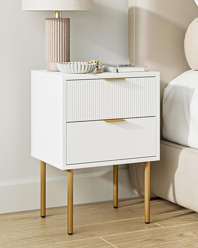Nightstand,Morden Bedside Table with Gold Frame,Small White Night Stand,End Table,Bedside Furniture,Side Table with Drawer and Shelf for Bedroom,Living Room (2Drawers, White)