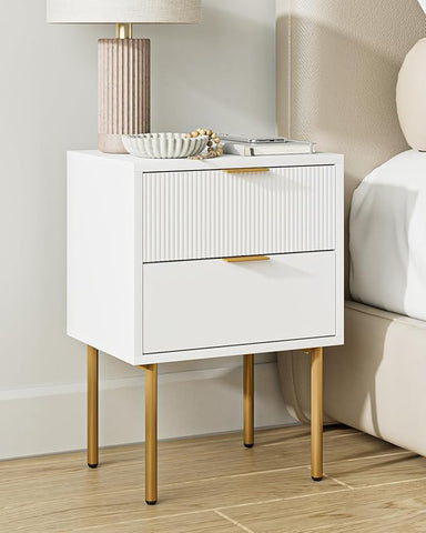 Nightstand,Morden Bedside Table with Gold Frame,Small White Night Stand,End Table,Bedside Furniture,Side Table with Drawer and Shelf for Bedroom,Living Room (2Drawers, White)