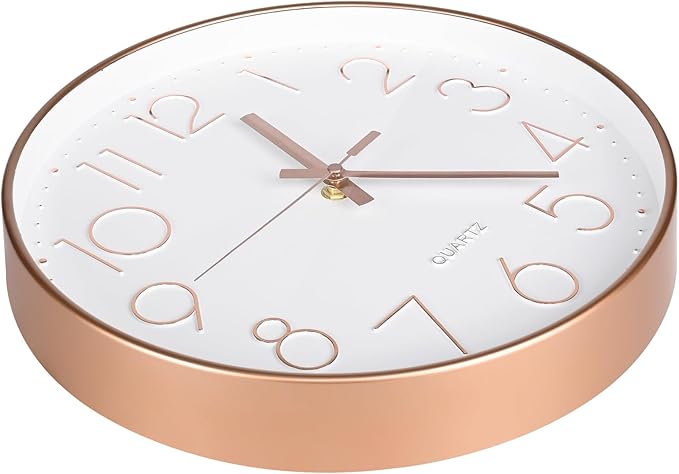 Wall Clock 10 Inch Battery Operated Modern Round Non-Ticking Wall Clocks for Kitchen, Office, Classroom (Rose Gold)