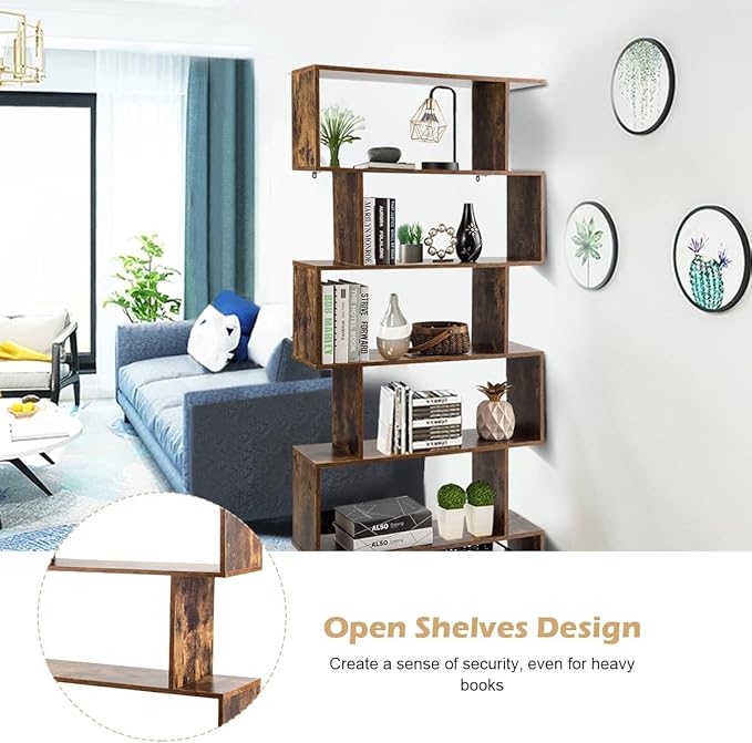 Tangkula 6-Tier Geometric Bookcase, Modern S-Shaped Storage Display Bookshelf for Living Room, Anti-Toppling Device, Home Office Wooden 6 Shelf Open Bookcase (1, Coffee)