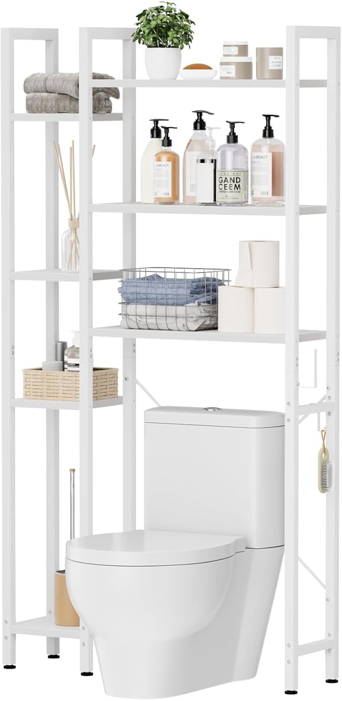 OTK Over The Toilet Storage with 7-Tier Bathroom Organizer Shelf, Freestanding Space Saver with Hooks & Adjustable Feet, Storage Rack for Bathroom, Restroom, Laundry, White