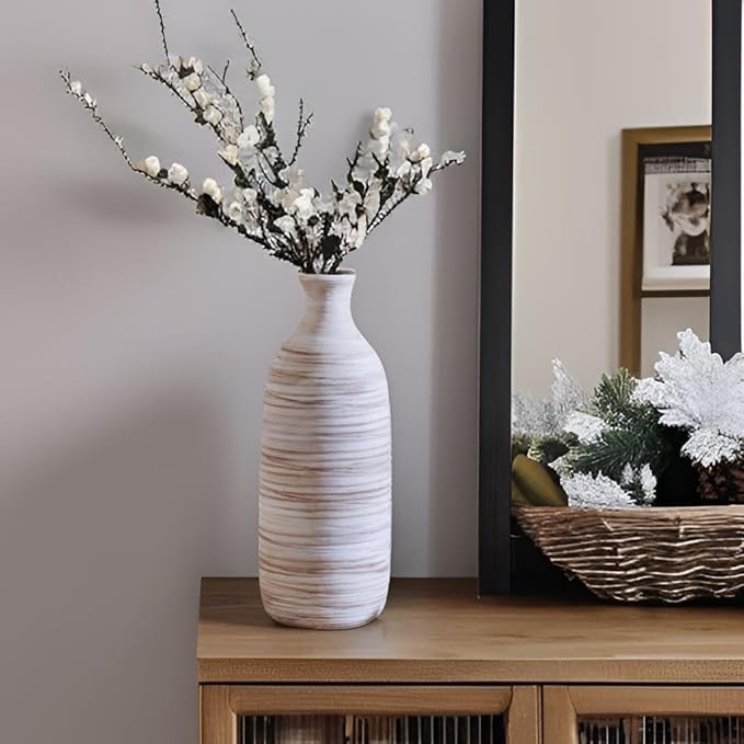 ALMA White Ceramic Vase 11 inch Tall, Narrow Boho Vases for Eucalyptus Leaf Branch|Small Pampas Grass Vase for Minimalist Home Decor, Coastal, Modern Bohemian Style Decor