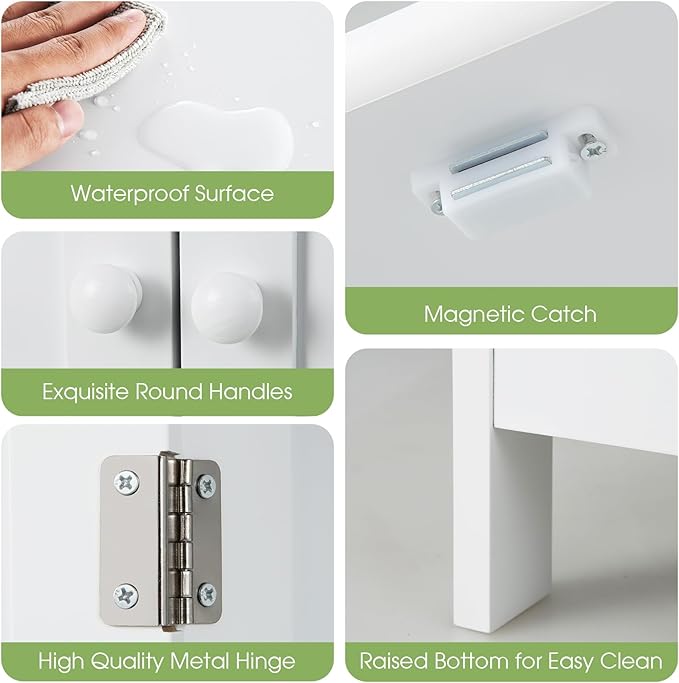GLACER Bathroom Floor Cabinet, Wooden Storage Cabinet with Double Doors, Suitable for Bathroom, Living Room, Entryway, 23.5 x 14 x 34 inches (White)