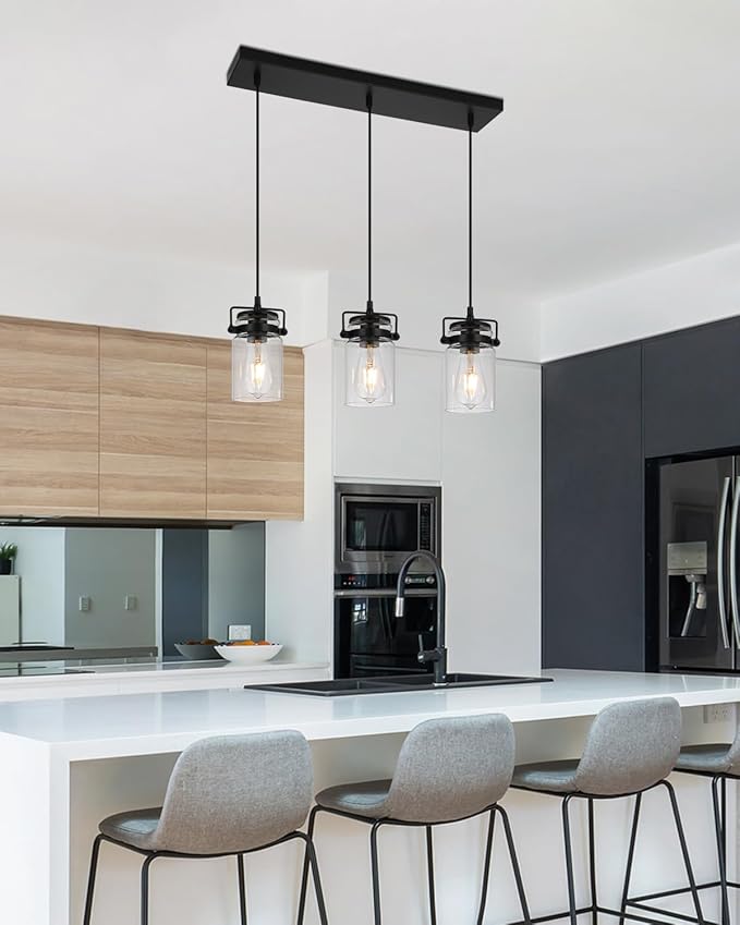 Kitchen Pendant Lighting Over Island Pendant Lights with Seeded Glass Shade Black 3 Pendant Lighting Adjustable Farmhouse Ceiling Light for Kitchen Island Dining Room Bedroom Living Room