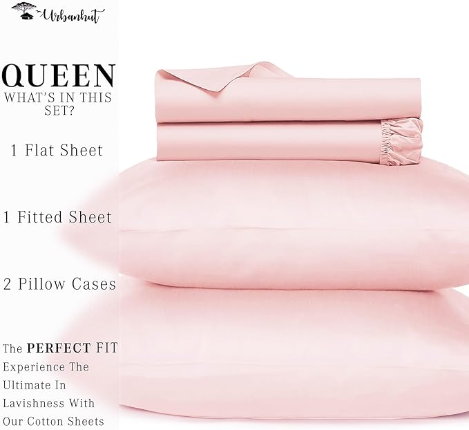 URBANHUT 700 Thread Count Queen Size Egyptian Cotton Sheets, 4Pc Sheet Set Soft Luxury Bed Sheets for Queen Size Bed, Sateen Weave Hotel Sheets, 16'' Elasticized Deep Pocket - Blush Pink