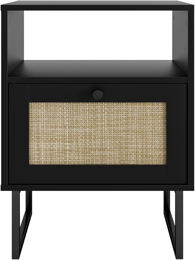 Rattan Nightstand, Boho Night Stand Farmhouse Wood Bedside Table with Storage and Open Shelf, End Side Accent Table for Bedroom,Living Room,Black
