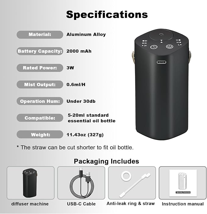 Car Waterless Essential Oil Diffuser with Handle, Timer (1/3/6H & Off), L/M/H Mist, Small Scent Aromatherapy Diffuser, Rechargeable Portable Cordless Air Aroma Diffuser for Home Office Bathroom, Black