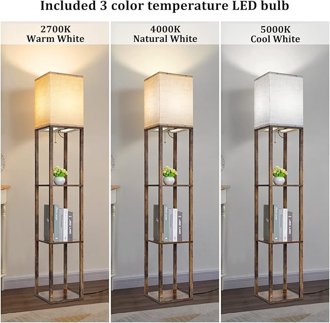 Dott Arts Floor Lamp with Shelves, 3 Color Temperature LED Bulb, Wood Texture, Storage, Brown