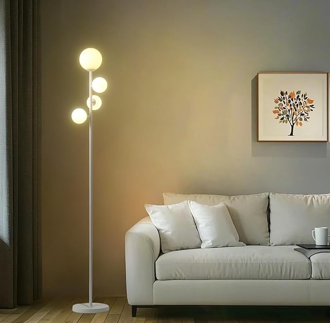 Fiqevs 4 Globe Floor Lamp for Living Room, Modern Standing Lamp with Frosted Sphere Glass Shade, 3000K Warm Light LED Bulbs Included, Tall Tree Lamp for Bedroom, Home & Office - White