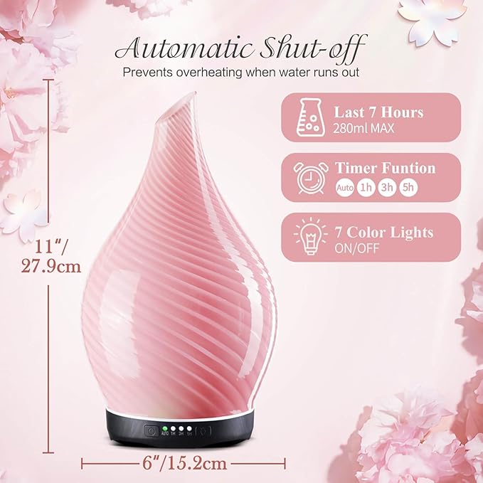 Porseme 280ml Essential Oil Diffuser Glass Color Changing Aroma Air Diffusers Aromatherapy Ultrasonic Cool Mist Humidifier 7 Running Hours Waterless Auto-Off for Sleeping, Yoga, Spa (Pure Pink)