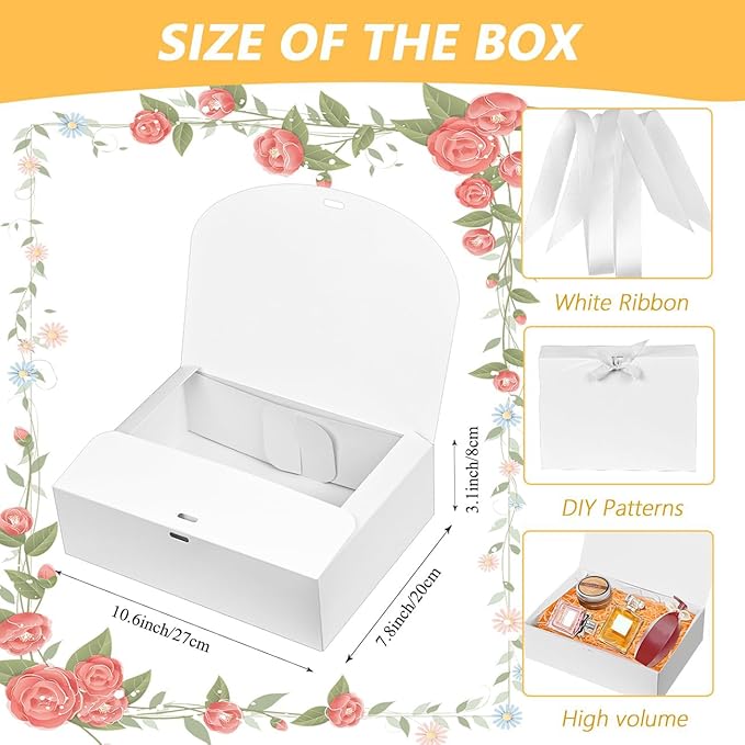 12 Pack White Gift Boxes with Lids, 9.8x3.1 Inch Ribboned Elegant Proposal Box for Wedding, Birthday, Party, Christmas, Bridesmaid, Graduation