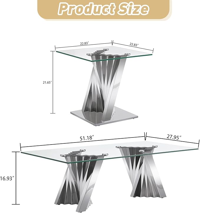 Glass 3 Piece Living Room Table Sets,3-Piece Table Set Includes 1 Glass Coffee Table and 2 End Tables with Stainless Steel Frame,Modern Coffee Table Set of 3 for Living Room (Silver)