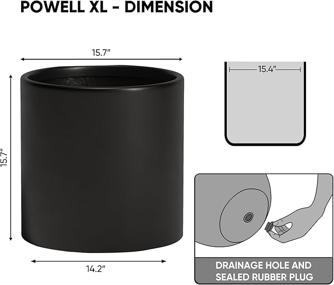 DTY Signature Mount Powell Fiberstone Planter - 16 Inch Extra Large Black Cylindrical Mid-Century Modern Home Decor Indoor & Outdoor Plant Pot - Durable Planters for Indoor Plants, Outdoor Spaces