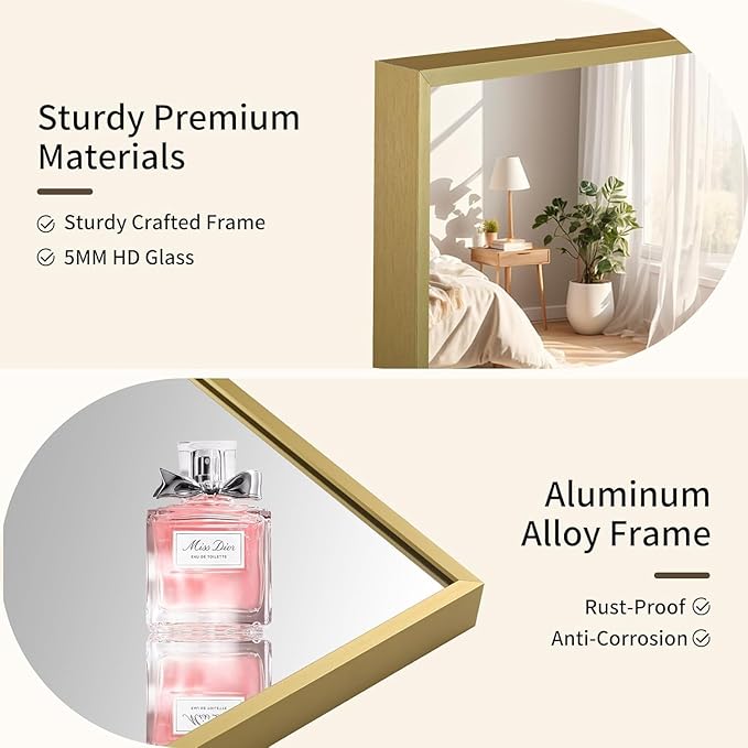 Brushed Gold Mirror, 24x36 Inch Aluminum Framed Rectangle Mirror, Anti-Rust, Tempered Glass, Square Corner Wall Mirror for Over Sink, Vanity, Bedroom, Entryway, Horizontal/Vertical