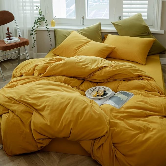 VM VOUGEMARKET Yellow Duvet Cover Sets King,Jersey Knit Cotton Gold Bedding Set (1 Duvet Cover + 2 Pillow Shams),Simple Luxury Down Comforter Cover with Zipper Closure-King,Gold