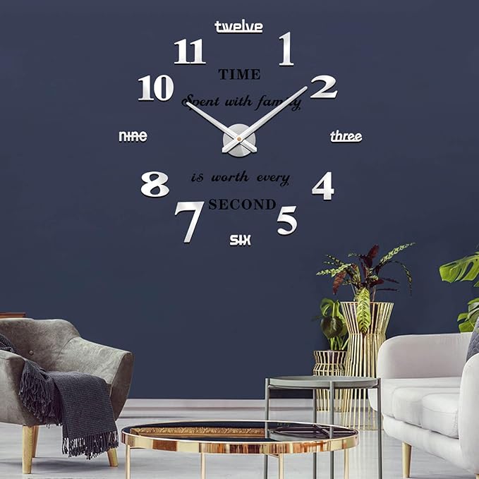 VANGOLD Large Wall Clocks for Living Room Decor, DIY Wall Clock Modern 3D Wall Clock with Mirror Numbers Stickers for Home Office Decorations Ideas (Black)