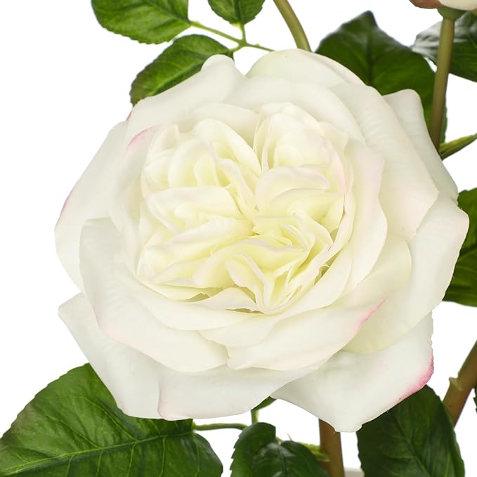 Hollyone White Roses Artificial Flowers in Blue and White Porcelain Vase 13.4" Fake Roses Flower Arrangement Artificial Plants & Flowers Potted Plant Faux Silk Rose Flower with Ceramic Pot Home Decor