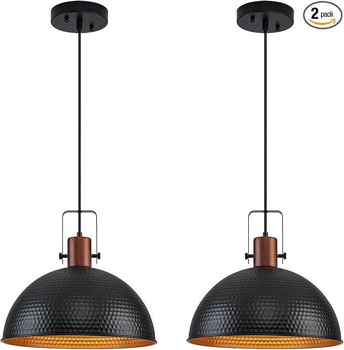 16 Inch Black Pendant Lights Hammered Matte Pendant Lights for Kitchen Island Industrial Farmhouse Adjustable Height Dome Hanging Light Fixtures for Barn, Dining Room 2 Packs
