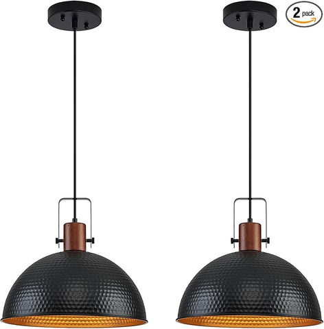16 Inch Black Pendant Lights Hammered Matte Pendant Lights for Kitchen Island Industrial Farmhouse Adjustable Height Dome Hanging Light Fixtures for Barn, Dining Room 2 Packs