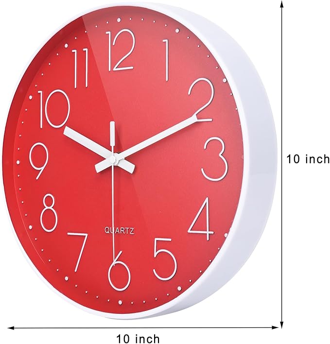Wall Clock Battery Operated Non-Ticking Modern Analog Wall Clocks for Kitchen, Bedroom Decor (10 Inch, Red)