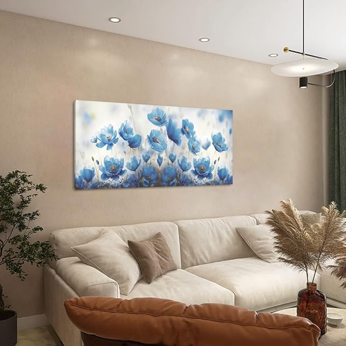 Blooming Blue Flowers Plants Wall Art Decor Artwork for Bedroom (20x40 Inches)