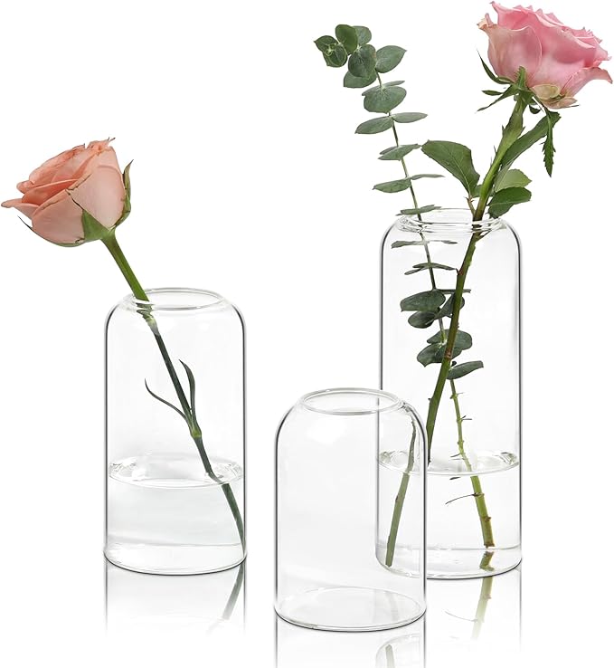 ComSaf Small Flower Vase Set of 3, Glass Bud Vases in Bulk, Clear Vases for Flower, Home Decor Centerpiece for Living Room and Bedroom, Decorative Vases for Wedding, Valentines' Day, Mother's Day