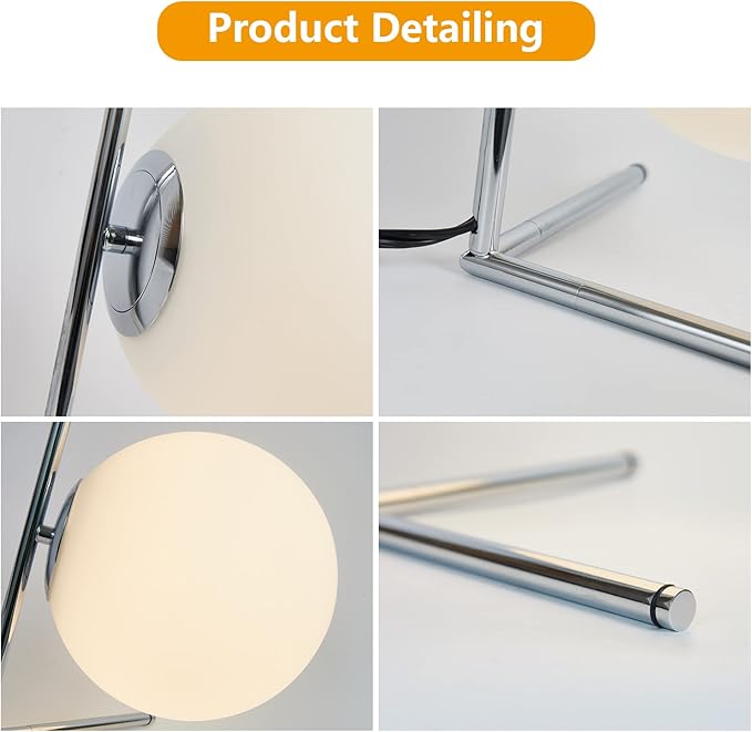 BOKT Modern Globe Table Lamp Chrome Simple Desk Lamp Bedside Nightstand Small Lamp Nordic Creative Design White Glass Ball Reading Lights for Study Living Room Bedroom Children Room Cabinet Farmhouse