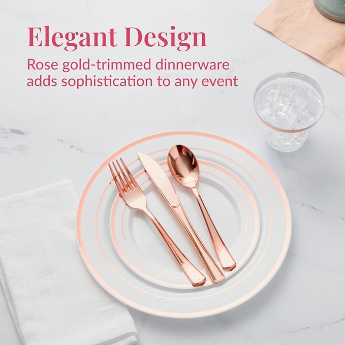 Prestee Rose Gold Disposable Dinnerware Sets - 350-Piece Plastic Dinner Set for 50 Guests, Includes Plastic Plates, Cups, Cutlery, for Weddings, Baby Showers, and Party Dining