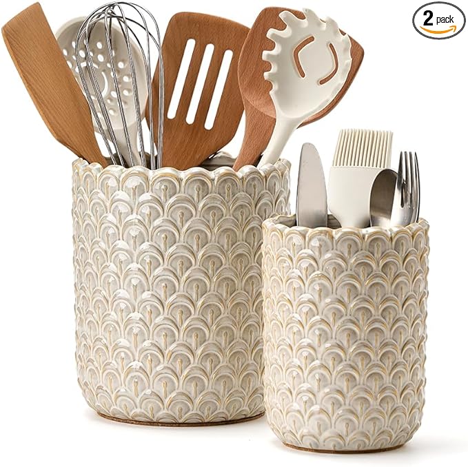 JIEMEI HOME Kitchen Utensil Holder, Large 7.5"+6.2" Petal Ceramic Utensil Crock for Countertop, Utensil Holder with Cork Mat, Morden Utensil Organizer for Spatula, Kitchen Decor, Set of 2, Off-white
