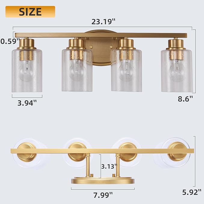 Modern Brushed Gold Bathroom Vanity Light Fixtures Over Mirror, 4 Light Rectangular Wall Mount with Clear Seeded Glass, Anti-Rust, 24.02 x 11.61 x 8.07 inches